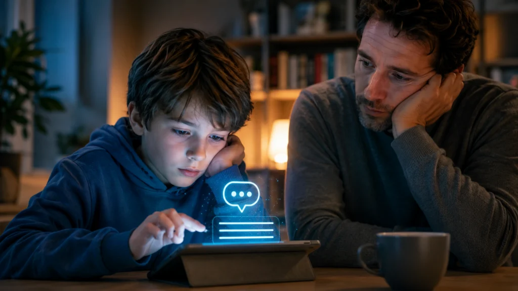 Dítě sedí u tabletu se zářící obrazovkou a dospělý člověk je vedle něj jako symbol tématu AI a děti.