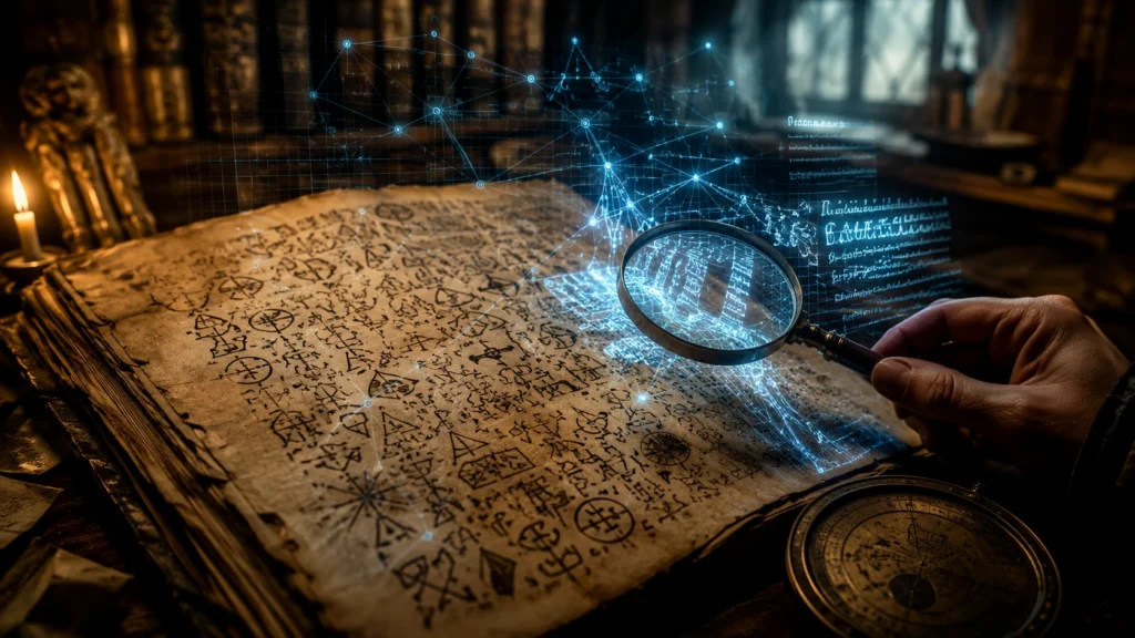 Ilustrační obraz starého šifrovaného rukopisu a digitální analýzy, téma AI a historické šifry.