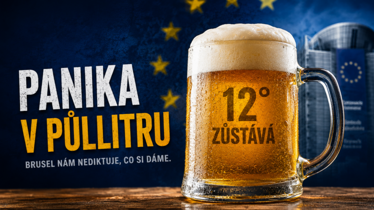 Ilustrační vizualizace k článku o politické panice kolem dvanáctistupňového piva a Bruselu.