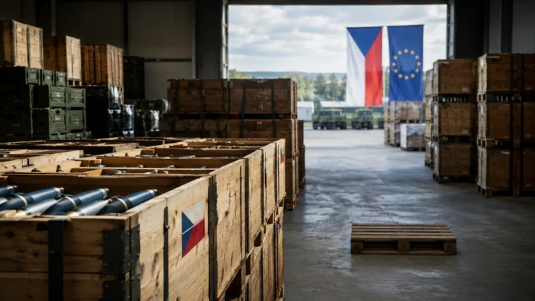 Dřevěné bedny s municí a českou a evropskou vlajkou jako ilustrace české muniční iniciativy pro Ukrajinu.