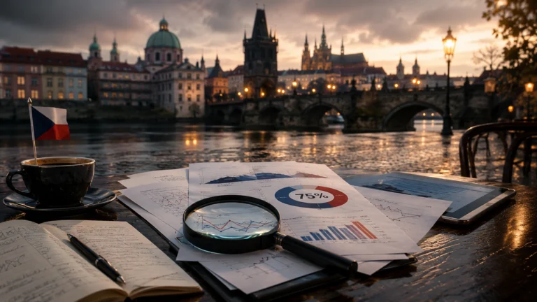 Česká vlajka, šálek kávy a statistické grafy s panoramatem Prahy v pozadí