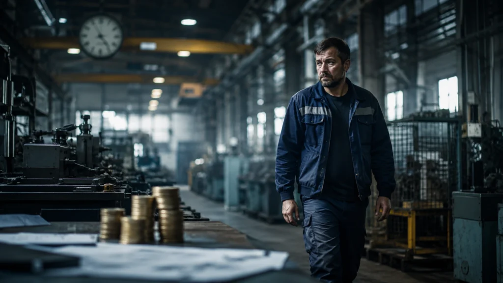 Produktivita práce v Česku – pracovník prochází průmyslovou halou s výrobními stroji.