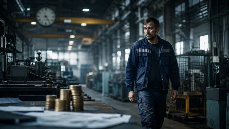 Produktivita práce v Česku – pracovník prochází průmyslovou halou s výrobními stroji.