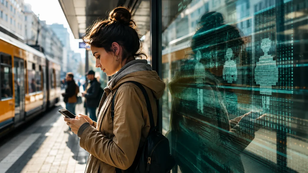 Datový kolonialismus: člověk s mobilem v městské dopravě a jemným odrazem datových vrstev ve skle