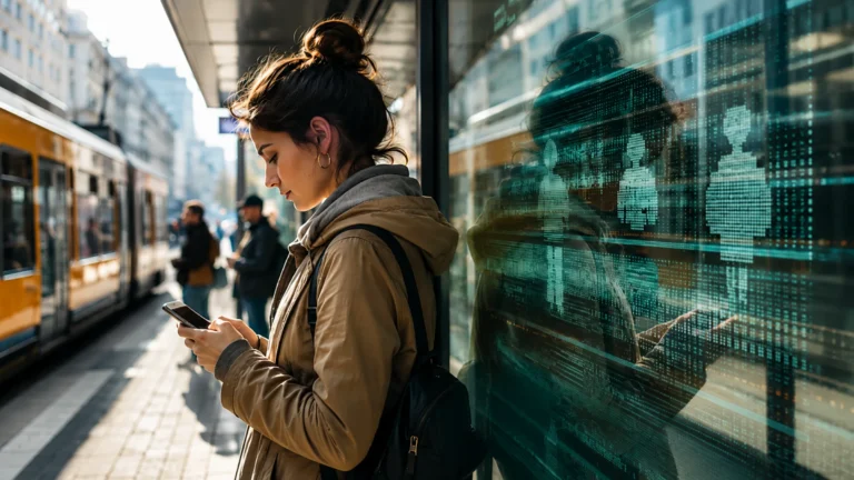 Žena s mobilem na tramvajové zastávce, ve skle se odrážejí abstraktní digitální profily a datové vrstvy