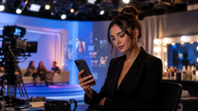 Žena s mobilem v televizním studiu jako symbol propojení reality show, sociálních sítí a influencer marketingu