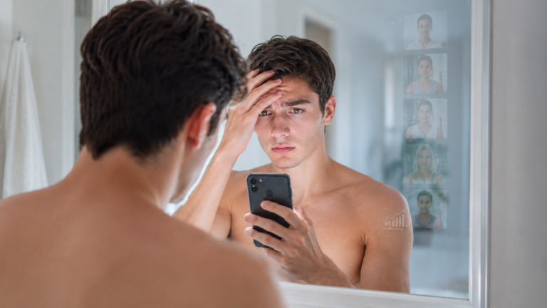 Mladý muž se dívá do zrcadla s mobilem v ruce jako symbol tlaku sociálních sítí, looksmaxxingu a digitálního srovnávání vzhledu.