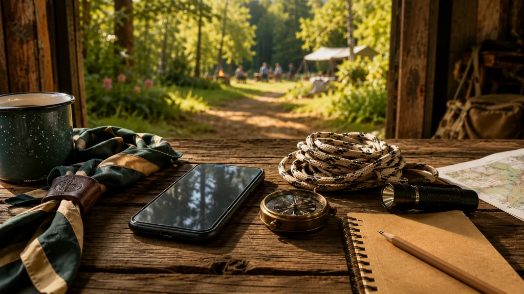 Odložený mobil vedle kompasu, šátku a táborové výbavy na dřevěném stole v tábořišti.
