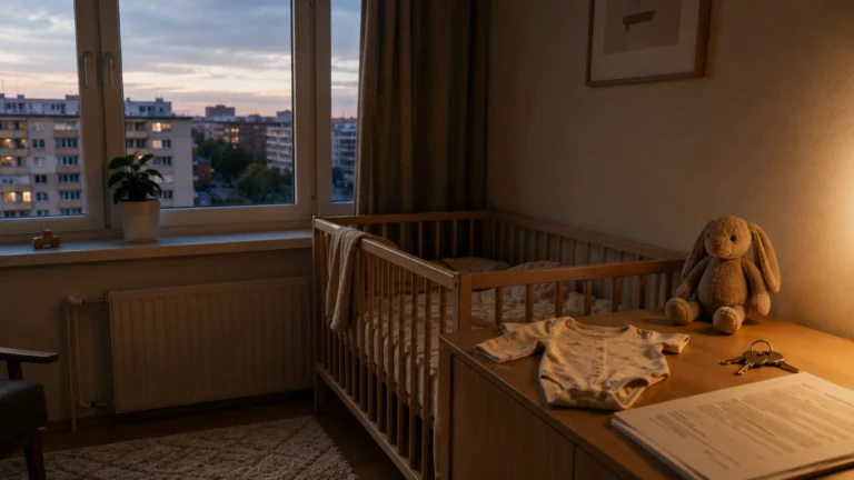 Prázdná dětská postýlka, dětské body, klíče a dokumenty na stole v malém bytě za soumraku.