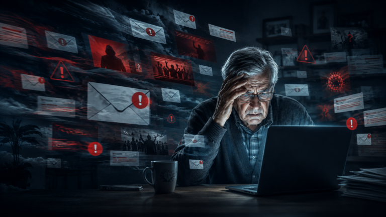 Senior u počítače obklopený varovnými e-maily a symboly dezinformací