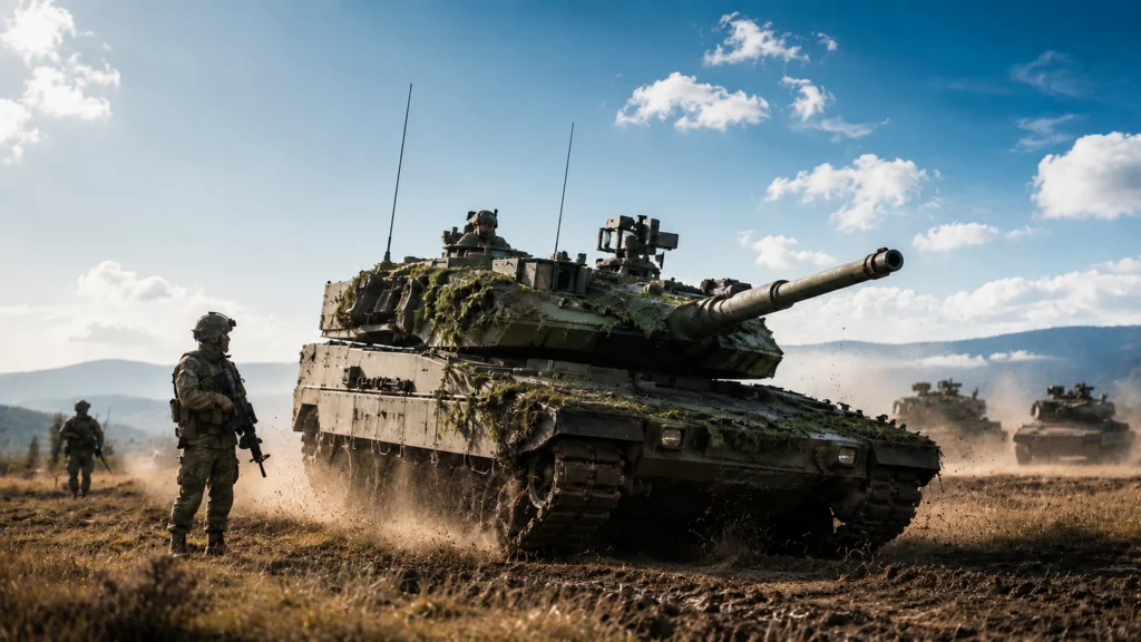 Moderní tank a vojáci při ilustračním vojenském výcviku v terénu