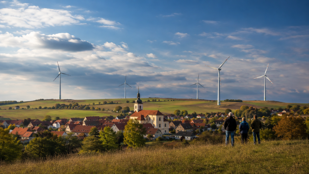 Ilustrační obraz větrných elektráren v krajině poblíž české obce při dramatickém světle.