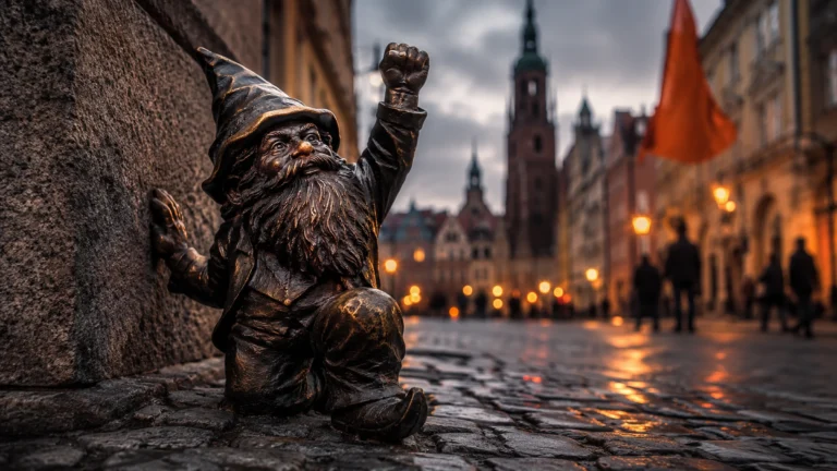 Bronzový trpaslík se zdviženou pěstí v historickém centru Vratislavi.