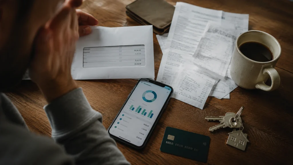 Výplatní páska, účtenky a mobil s finančním přehledem jako symbol českých mezd a životních nákladů.