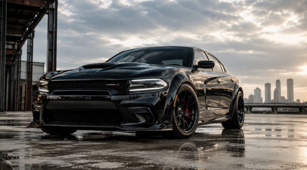 Černý Dodge Charger jako moderní americký muscle car v dramatickém večerním světle