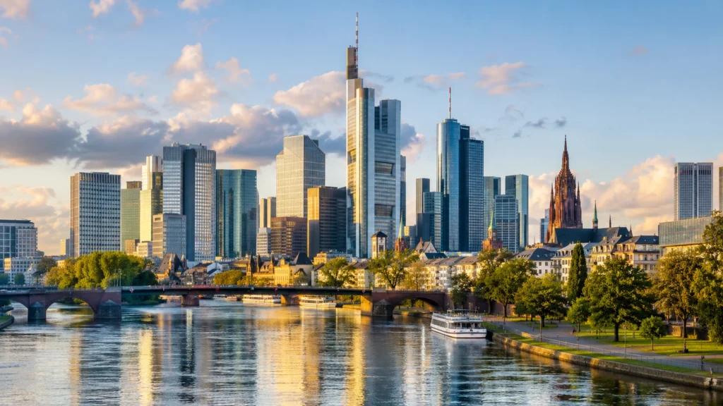 Skyline Frankfurtu nad Mohanem s mrakodrapy finanční čtvrti a řekou Mohan v popředí.