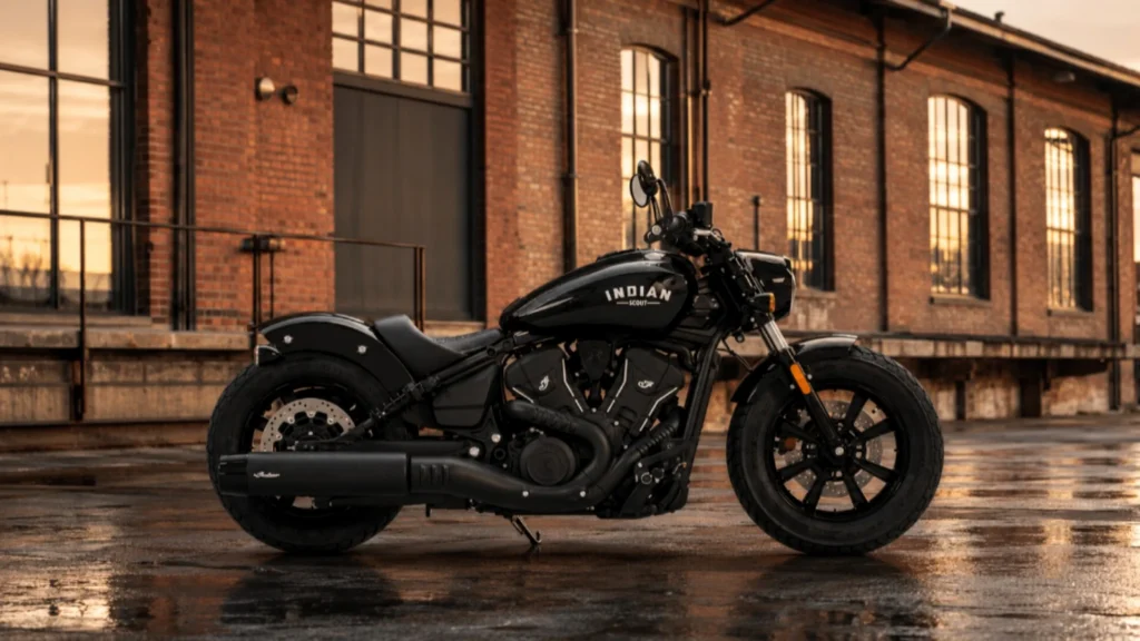 Černý Indian Scout Bobber Limited +Tech jako nízký americký bobber v magazínovém světle