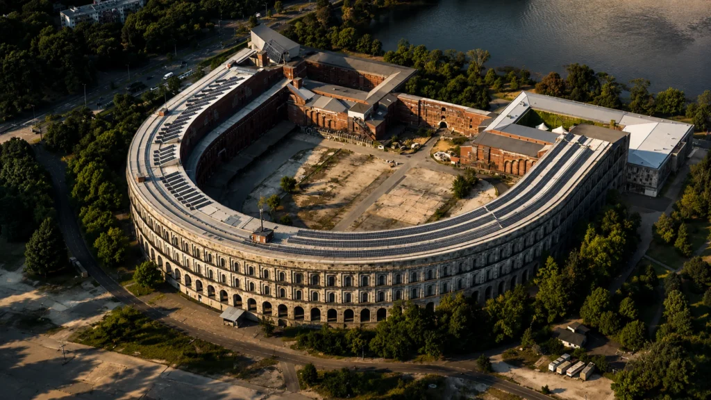 Monumentální Kongresshalle v Norimberku jako bývalý nacistický areál proměněný v místo paměti a kultury