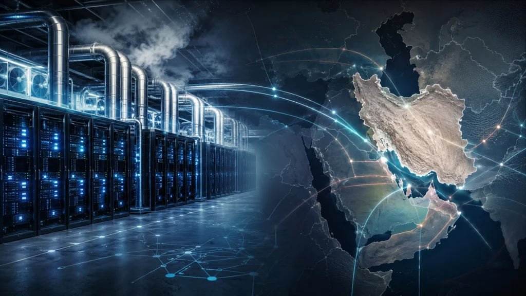 Ilustrační vizualizace datového centra, geopolitické mapy Blízkého východu a digitální infrastruktury k tématu AI, Íránu a chlazení serverů.
