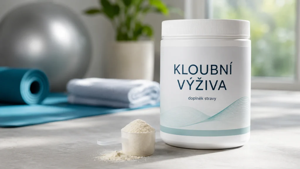 Kelímek kloubní výživy jako symbol drahých doplňků stravy a spotřebitelské naděje.
