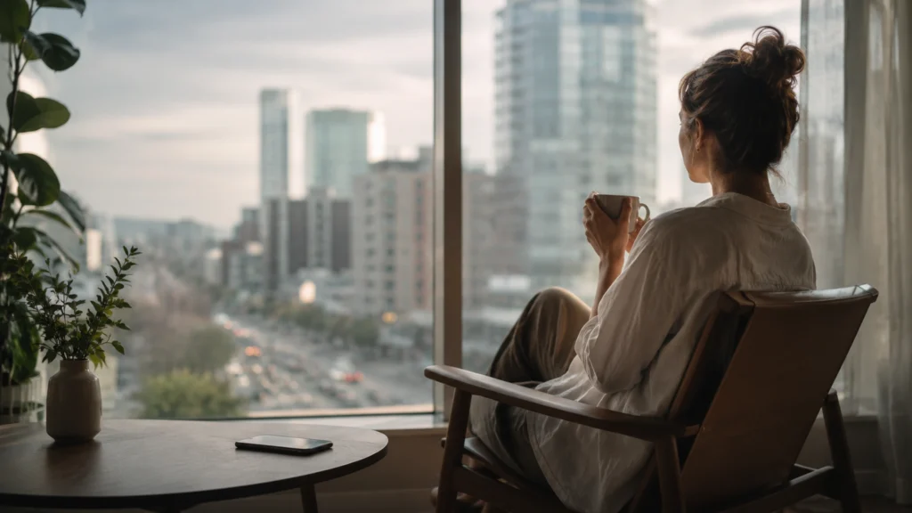 Slow living: člověk sedí u okna s čajem, odloženým telefonem a městem v pozadí jako symbol návratu ke klidu.