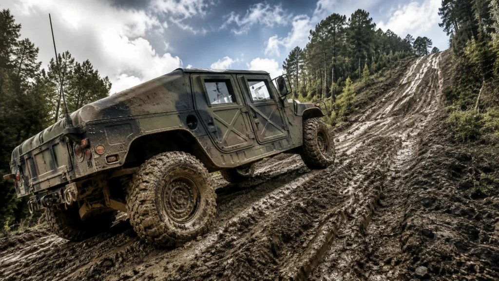 Armádní Humvee v bahně ukazuje, proč Humvee vyjede prudký kopec lépe než civilní SUV.