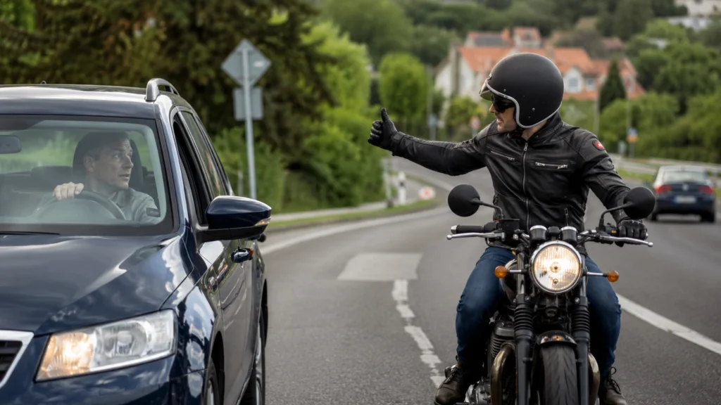 Motorkářská gesta mezi motocyklistou a řidičem auta na české silnici
