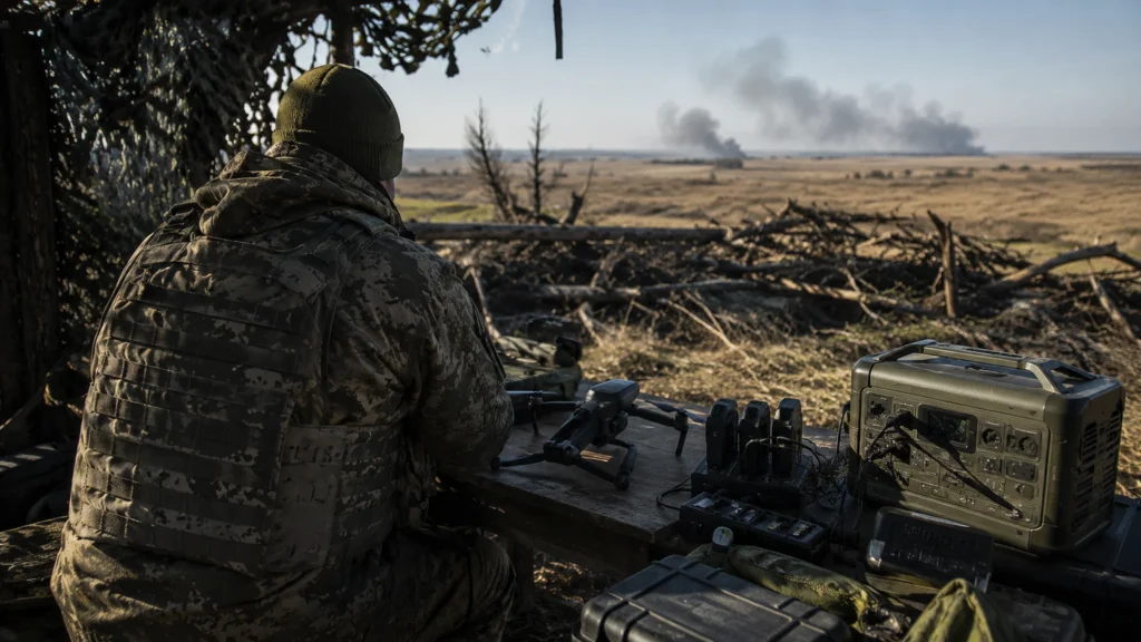 Ruská válka na Ukrajině. Voják u polního stanoviště s dronem, bateriemi a generátorem v krajině ukrajinské fronty.