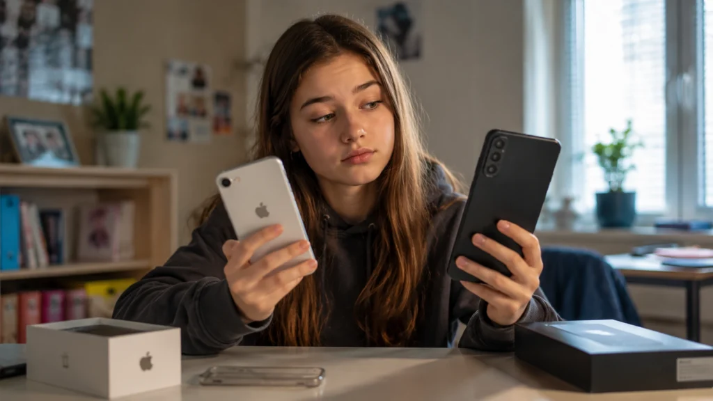 Proč teenageři chtějí iPhone: dospívající dívka porovnává použitý iPhone s novým telefonem s Androidem.