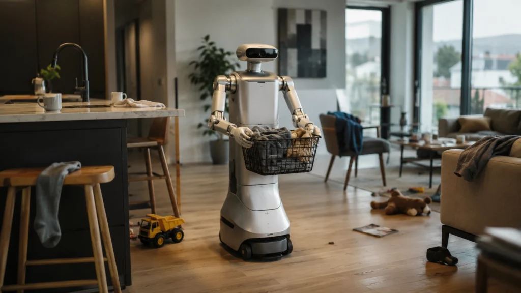 Domácí robot SeeLight S1 jako téma ilustrační scény robota pracujícího v neuklizeném běžném bytě