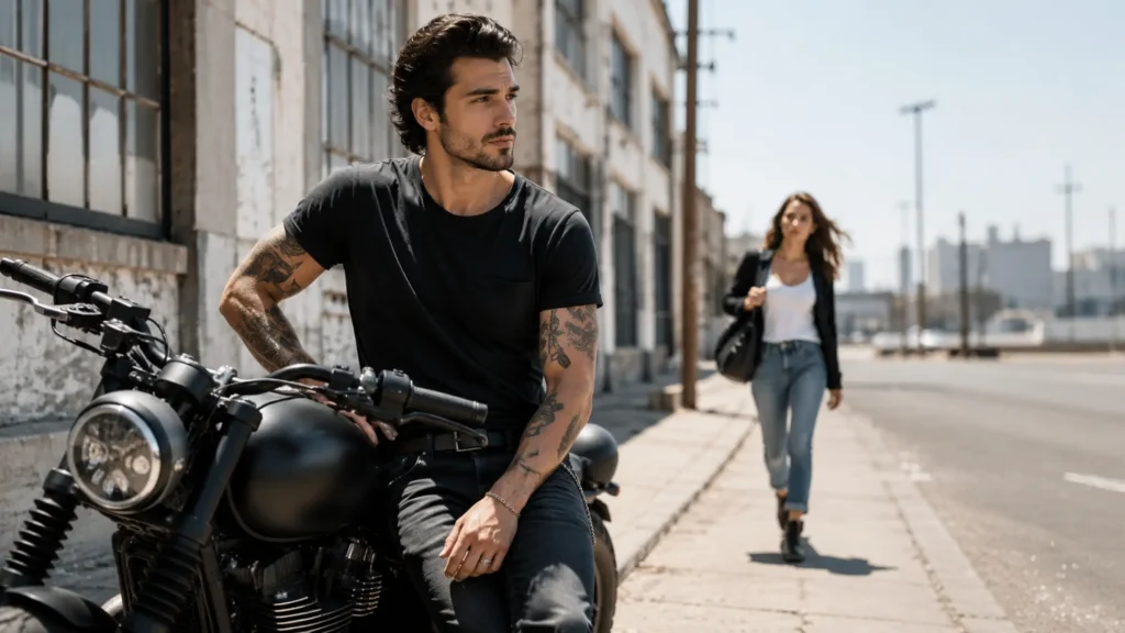 Proč ženy přitahují bad boys – potetovaný muž stojí vedle motorky.