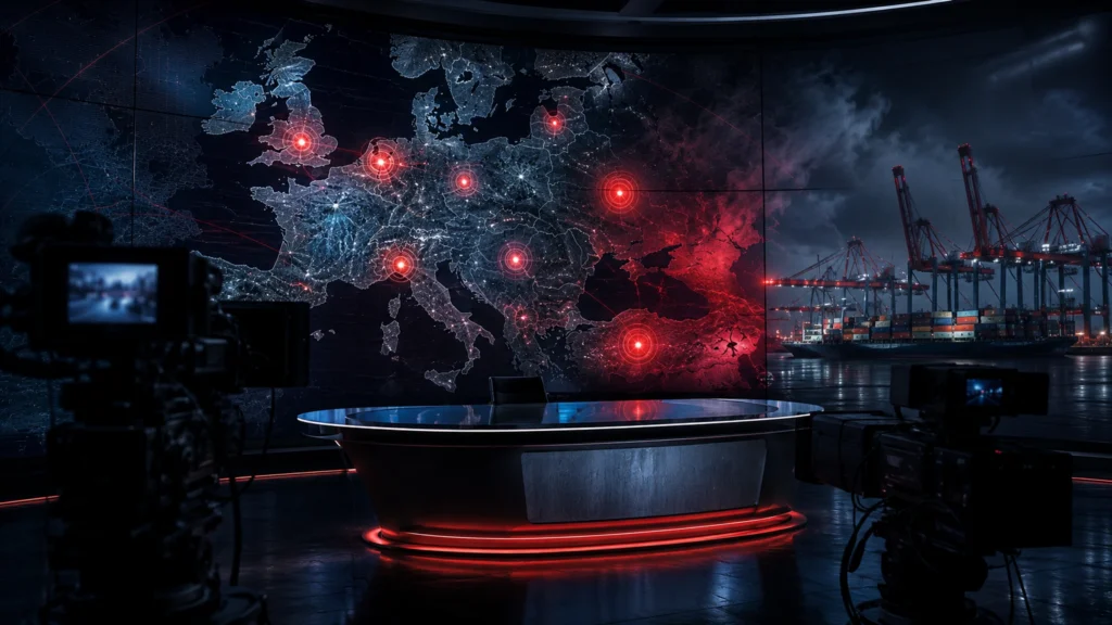 Ruská státní televize vyhrožuje Evropě na obrazovkách temného televizního studia s mapou evropských přístavů