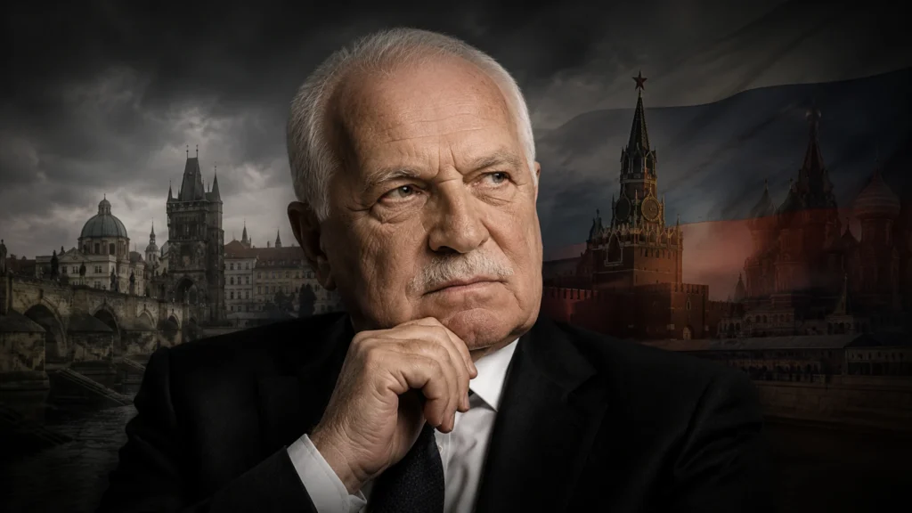Václav Klaus a Rusko v redakční AI ilustraci s českými symboly a stínem Kremlu