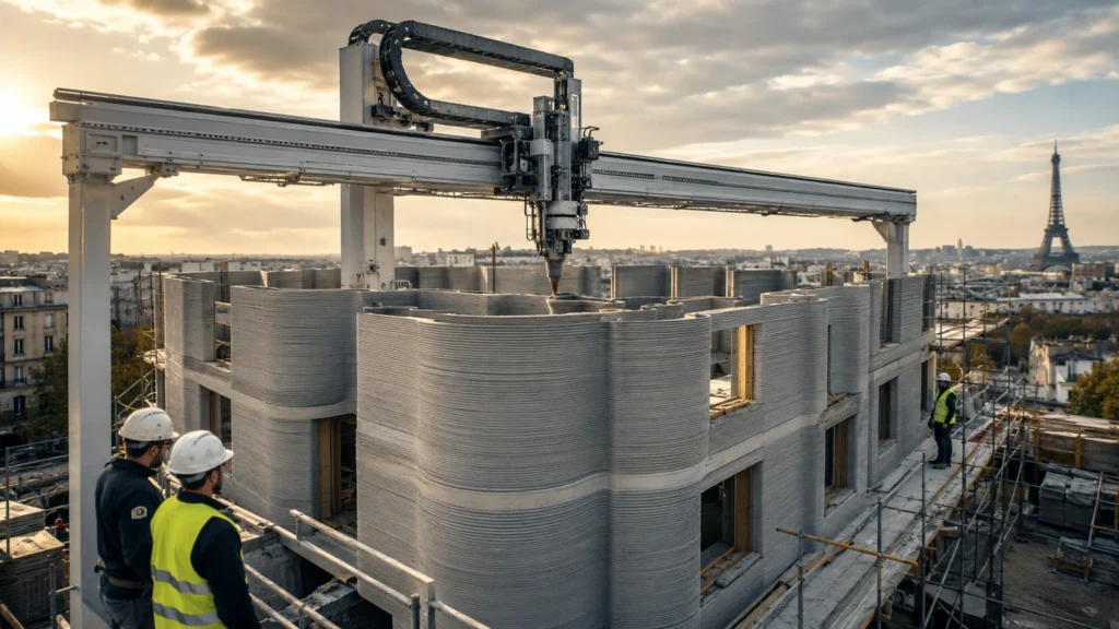 3D tisk domů pomocí robotického portálu, který vrství betonové stěny bytového domu