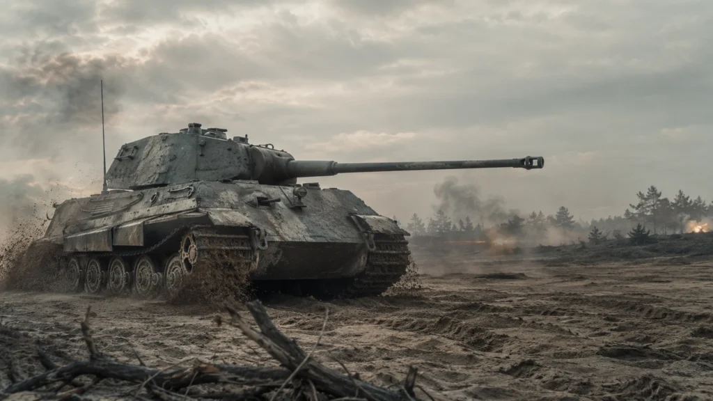 Tiger II uvázlý v písčitém terénu pod palbou skrytých sovětských pozic u Oględówa