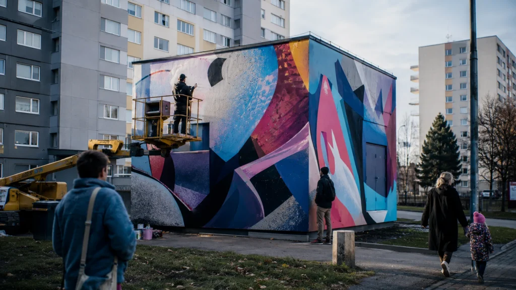 Ilustrační výjev k tématu Street Art Festival Hradec Králové s umělcem malujícím mural na betonový výměník mezi obytnými domy