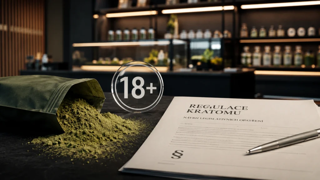 Kratom regulace v Česku jako ilustrační scéna se zeleným práškem, označením 18+ a úředním dokumentem o pravidlech prodeje.