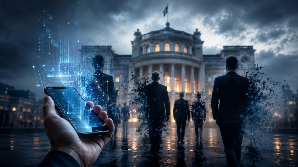 AI nahradí politiky jako otázka digitální demokracie, telefon v ruce, státní budova v mlze a algoritmická vrstva nad veřejnou mocí