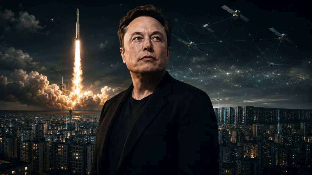 Elon Musk trilionář jako symbol extrémního technologického bohatství, raket SpaceX, satelitní sítě Starlink a soukromé moci nad budoucností.