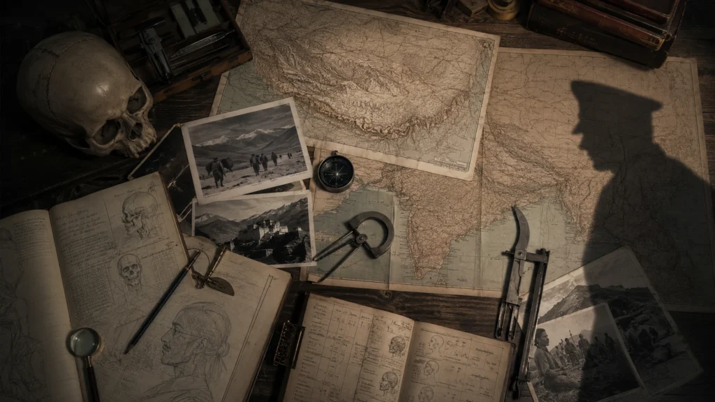 Nacistický mýtus o Árijcích jako temná archivní scéna s lebkoměrem, mapami Tibetu a stínem ideologie SS.