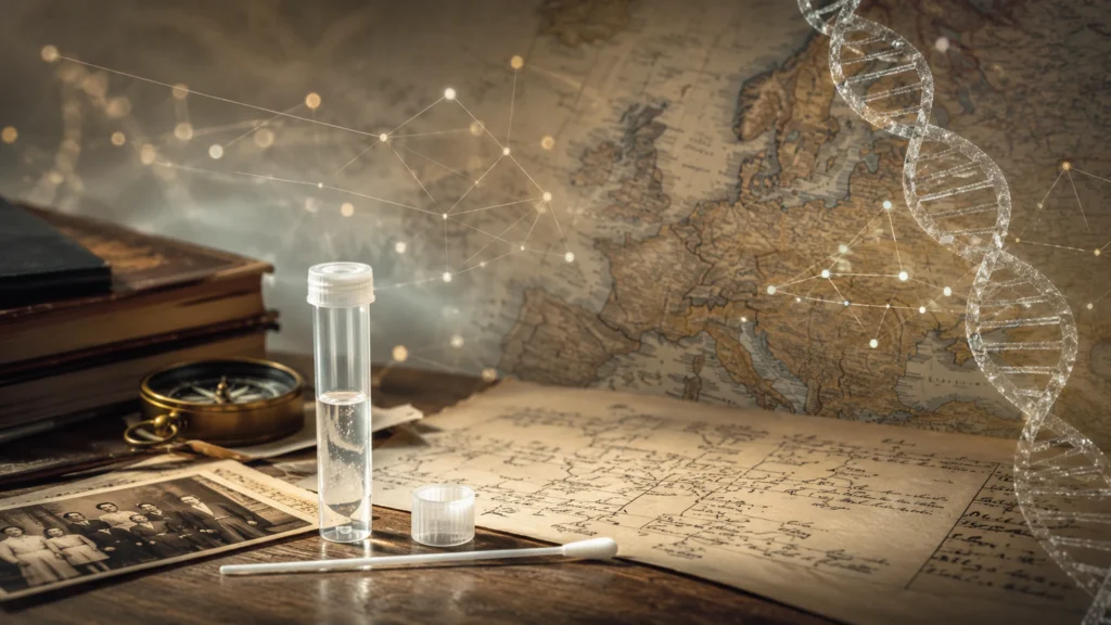 DNA test původu jako laboratorní vzorek propojený s rodokmenem, mapou migrací a genetickými daty