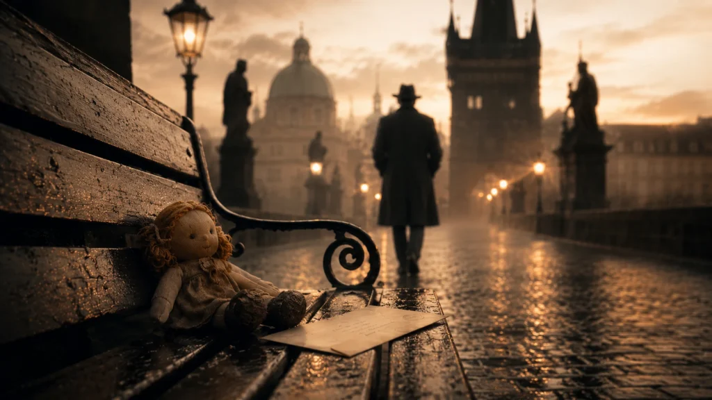 Filmově laděná scéna pražské lavičky s dětskou panenkou, dopisem a siluetou staré Prahy jako symbol projektu Vzkaz a českého kulturního sebevědomí.