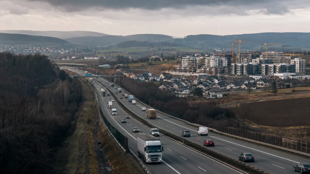 Bydlení u D10, kolona aut na dálnici a za ní nové domy jako symbol rostoucího tlaku na bydlení u Prahy.