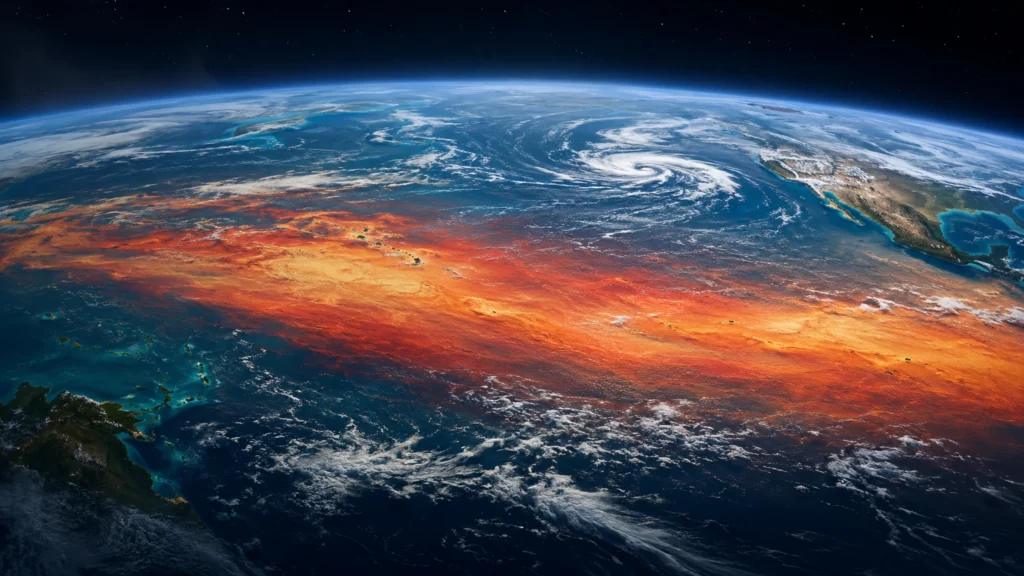 Ilustrační pohled na rozžhavený Tichý oceán jako symbol jevu El Niño 2026 a propojeného klimatického systému.
