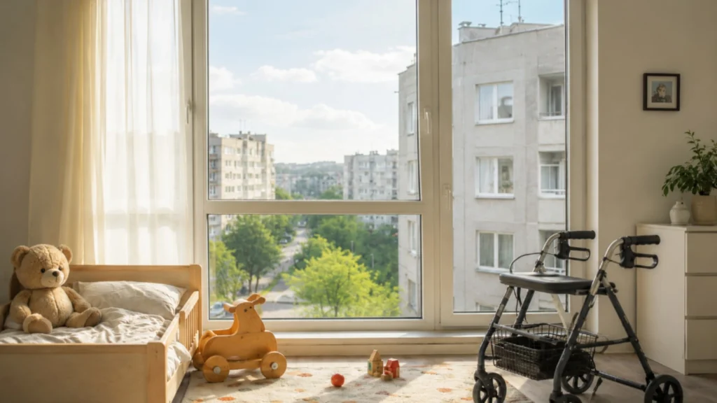 Demografická krize Česka jako prázdný dětský pokoj, šednoucí panelák a světlo v okně domova seniorů.
