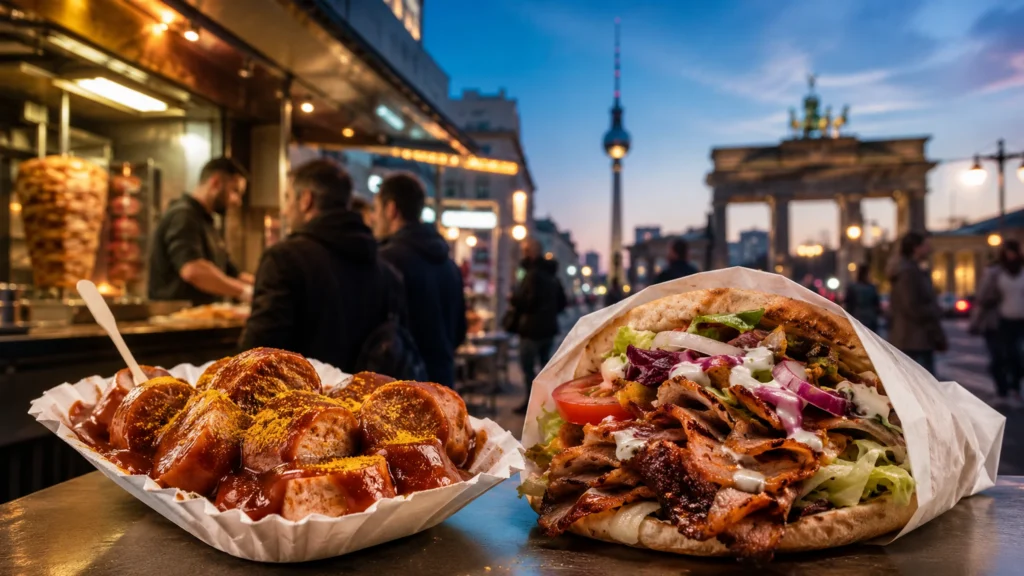 Currywurst a döner jako symbol německé identity a berlínské pouliční kultury.