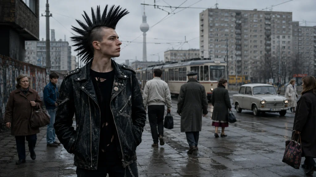 Pankáč s vysokým čírem v šedém prostředí východoněmeckého města jako symbol odporu proti státní uniformitě.