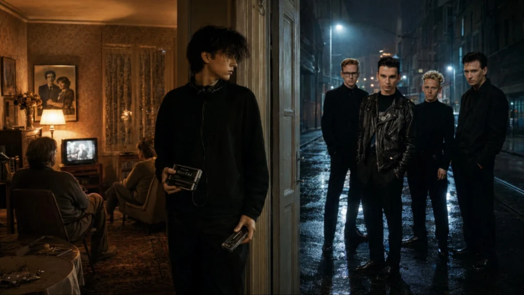 Mladý fanoušek v černém kabátu s kazetou ve městě osmdesátých let, redakční vizualizace atmosféry Depeche Mode.