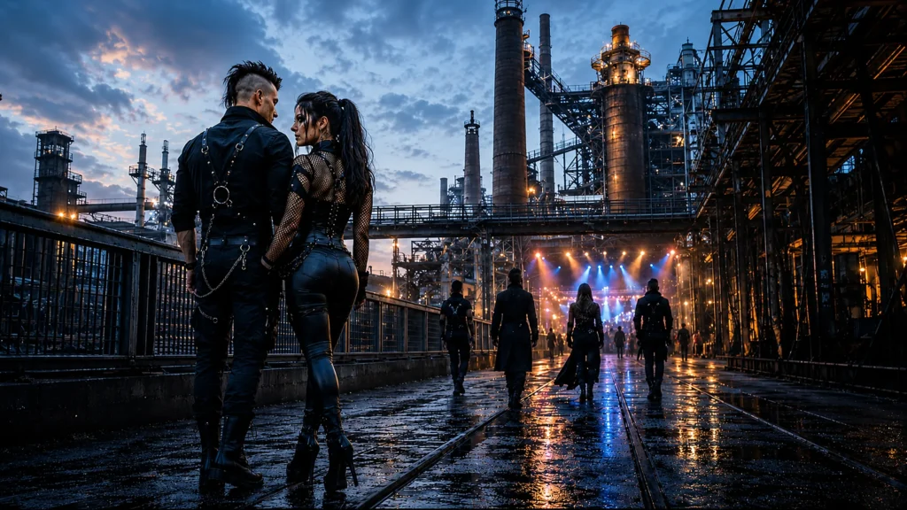 Temná industriální klubová scéna evokující EBM a Německo, strojový rytmus, černou scénu a festivalovou kulturu.
