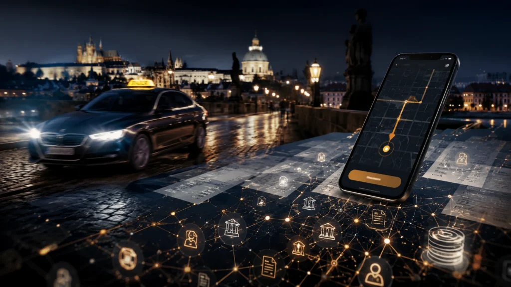 Digitální taxiplatformy a daně jako noční město, mobilní aplikace, taxi vůz, firemní síť a daňové dokumenty v pozadí